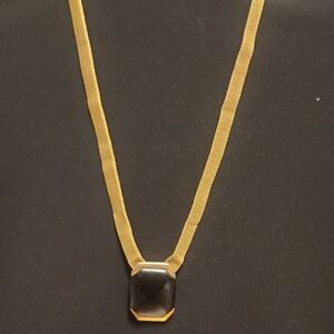 Trifari Vintage Crown Gold-tone Mesh Necklace With Black Octagon Pendant